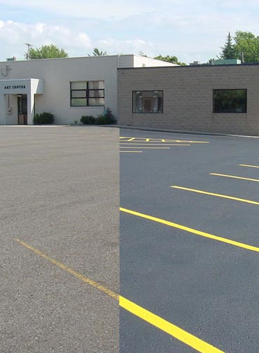 An image of a parking lot before and after sealcoating to help illustrate Commercial Parking Lot Paving and Benefits of Seal Coating Asphalt